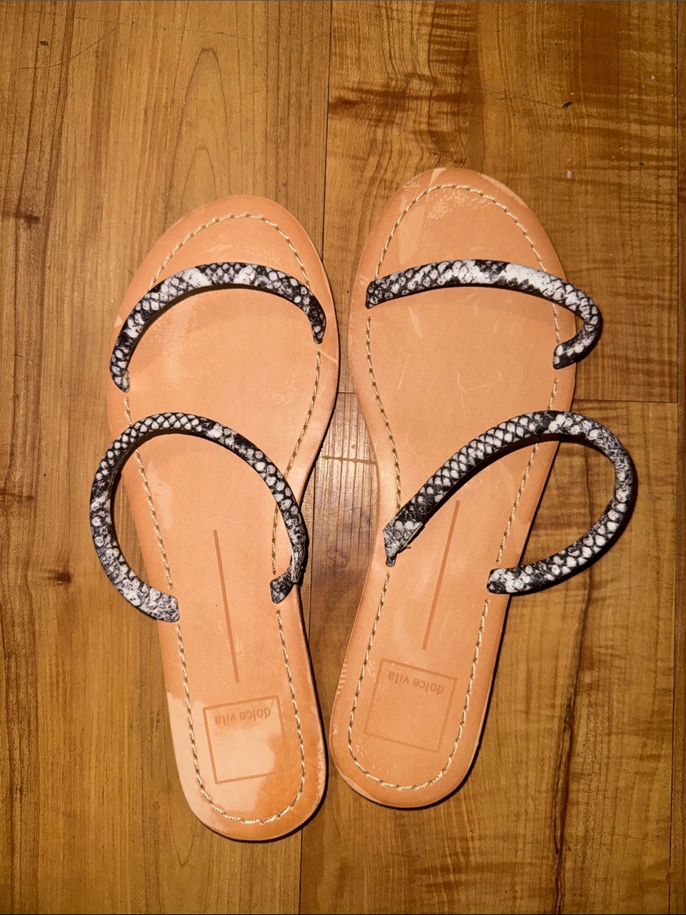 Dolce Vita Tan Footbed Sandals with Black-and-White Snake-Print Straps(12)